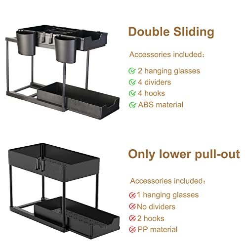 Under Sink Organizers and Storage Pull Out Sliding Drawers,2 Tier Under Sink  Organizers with Sliding Drawer 4 Hook 1 Cup, Black Under Sliding Cabinet  Basket Organizer for Bathroom Kitchen 