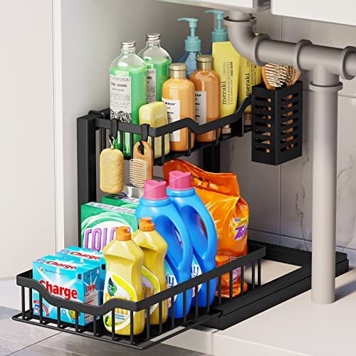  NUOXI Under Sink Organizer, Pull Out Cabinet Organizer 2-Tier  Slide Out Sink Shelf Under Cabinet Storage Multi-Use for Under Kitchen  Bathroom Sink Organizers and Storage, Black: Home & Kitchen