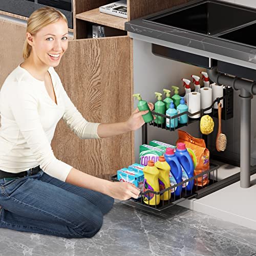 Under Sink Organizers and Storage,GAOKASE Black Metal 2 Tier Pull Out  Drawers Under the Sink Organizers for Kitchen Slide Out Sliding Under  Cabinet S - Imported Products from USA - iBhejo