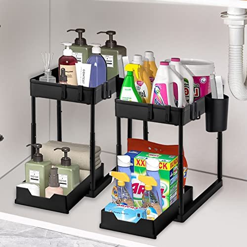 Under Sink Organizers and Storage, 2 Pack Kitchen Bathroom Sink Organizer  with Hooks, 2 Tier Under Sink Cabinet Basket Storage Shelf with Sliding