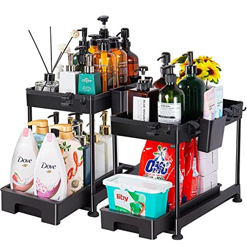 Crixny 2 Pack Under Sink Organizers and Storage, Sliding Under Cabinet Organizer 2 Tier Under Sink Storage with 4 Hooks Multi-Purpose Under The Sink