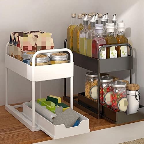 2-Tier Under Sink Organizer Shelf with 4 Hooks and Hanging Cup Space Saving  Multi-Purpose Storage Rack for Kitchen Bathroom