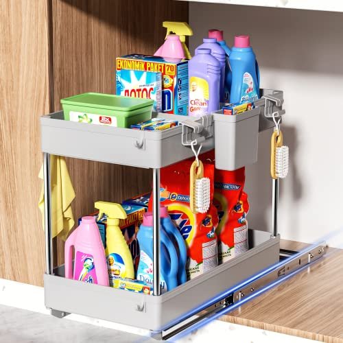 2-tier Sliding Cabinet Organizer With Hooks And Cup For Under Sink