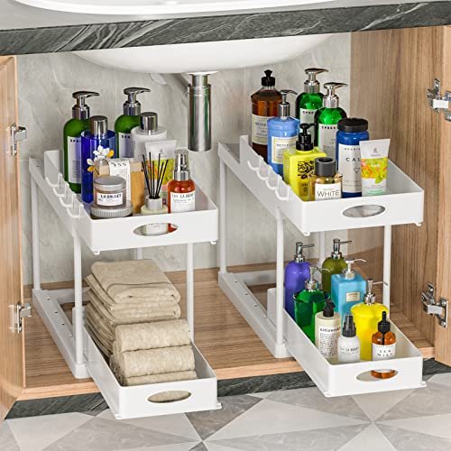  Avaspot Double Sliding Cabinet Organizer, Black Under Sink  Organizers and Storage 2 Tier Easy Access Slide Out Cabinet Organizer  Bundle with White Organizer: Home & Kitchen