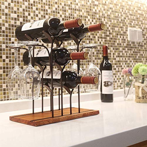 ALLCENER Wine Rack with Glass Holder, Countertop Wine Rack, Wooden Wine Holder with Tray, Perfect for Home Decor & Kitchen Storage Rack Etc (Hold 6