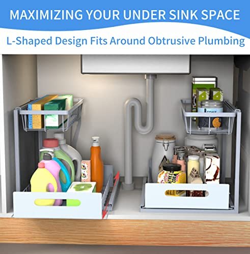 Under Sink Organizer 2 Tier, L Shaped Sliding Cabinet Basket