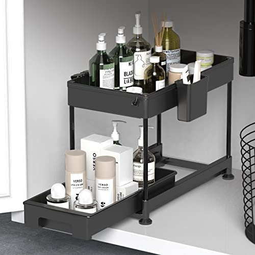 2-Tier Under Sink Organizer, Sliding Storage Drawer Basket Organizer with  Hooks, Hanging Cup, ABS Material