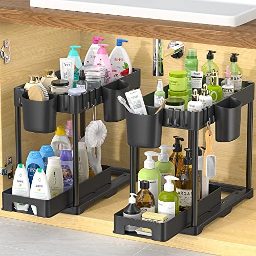 Under Sink Organizer and Storage, 2 Tier Under Sink Organizer, Spice Rack  Organizer, Pull Out Cabinet Organizer for Kitchen Bathroom Countertop with  4 Hooks and 2 Cups for Kitchen, Bathroom, Cupboard : : Home