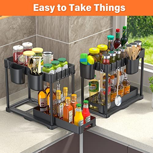 2 Packs Large Capacity Under Sink Organizers And Storage, Slide Out Kitchen  Cabinet Organizer 2 Tier Bathroom Counter Organizer With Hooks, Hanging  Cups, Dividers, Multipurpose Cleaning Supplies Organizer For Kitchen And  Bathroom