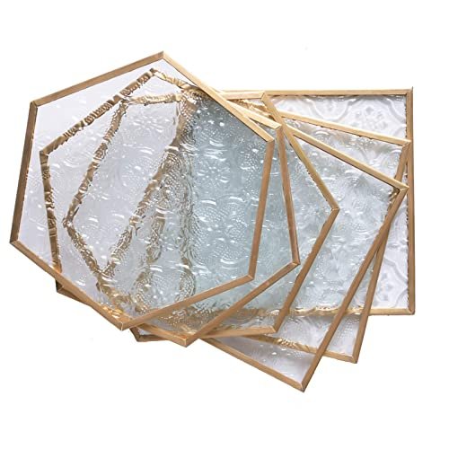 Glass Gold Coasters for Drinks, 6 Pcs Cup Coaster Set with Carved