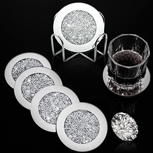 Bread & Butter Silver Diamond Bling Mirrored Glass 4-Piece Coaster