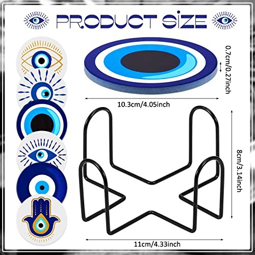 Zubebe Set of 6 Ceramic Evil Eye Coasters with Coaster Holder Evil