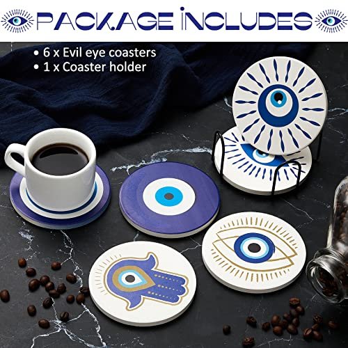 Zubebe Set of 6 Ceramic Evil Eye Coasters with Coaster Holder Evil