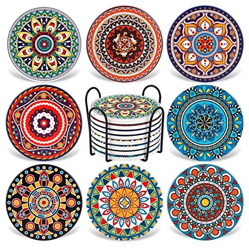 Coasters for Drinks,AODINI Set of 8 Absorbent Stone Coasters for Wooden  Table, Mandala Ceramic Coasters with Cork Base, Gift for Housewarming  Birthda - Imported Products from USA - iBhejo