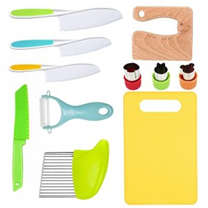 RISICULIS 11 Pieces Wooden Kids Kitchen Knife, Kids Knife Set Include Wood Kids Safe Knife, Serrated Edges Plastic Toddler Knife, Crinkle Cutter, San