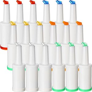 18 Pack Bar Pour Colorful Juice Pouring Bottle Containers 34 oz Plastic Juice Dispensers in 6 Colors for Bar Home Kitchen Party Supplies
