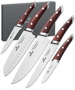 Brewin CHEFILOSOPHI Chef Knife Set 5 PCS with Elegant Red Pakkawood Handle Ergonomic Design,Professional Ultra Sharp Kitchen Knives for Cooking High 