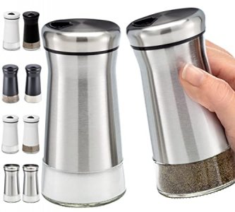 HOME EC Original Glass Salt and Pepper Shakers Set with Adjustable Pour Holes - Stainless Steel Salt Shaker and Pepper Shaker - Farmhouse Salt and Pe