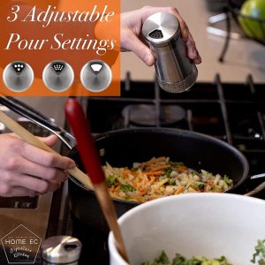 HOME EC Original Glass Salt and Pepper Shakers Set with Adjustable Pour Holes - Stainless Steel Salt Shaker and Pepper Shaker - Farmhouse Salt and Pe