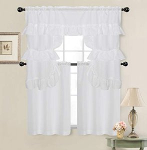 GoodGram Country Farmhouse Living Solid Colored Cafe Kitchen Curtain Tier & Swag Valance Set - Assorted Colors (White)
