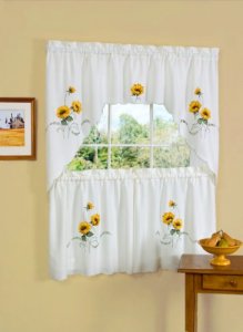 Embellished Tier and Swag Window Curtain Set - 58 Inch Width, 36 Inch Length - Sunshine- Light Filtering Polyester Drapes for Kitchen, Bedroom, Livin