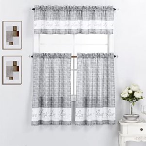 Interior Trends Live Love Laugh 3 Piece Printed Kitchen Window Curtain Valance and Tier Panels Set (Gray, 36