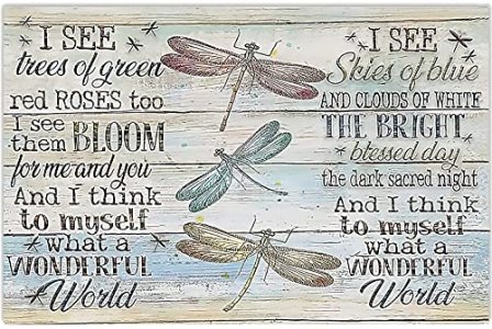 Vintage Rustic Wall Decor TIN Sign Colorful Dragonfly I See Trees of Green Red Roses Too Wall Art Metal Poster Living Room Garden Bedroom Office Hote