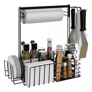 BBQ and Grill Caddy with Paper Towel Holder, Iron Steel Handle & 4 Hooks  Camper Accessories Condiment Caddy  Plates, Cutlery and BBQ Organizer