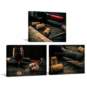sechars 3 Pieces Kitchen Wall Art Decor Retro Red Wine Cups Bottles Canvas Picture Artwork Vintage Wine Painting for Home Dining Room Bar Pub Restaur