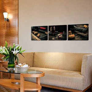 sechars 3 Pieces Kitchen Wall Art Decor Retro Red Wine Cups Bottles Canvas Picture Artwork Vintage Wine Painting for Home Dining Room Bar Pub Restaur