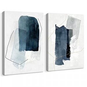 Pigort Blue and Grey Abstract Wall Art Decor, Decorative Framed Blue & Grey Abstract Canvas Art Split Prints for Living Room, Kitchen, Bedroom, Offic