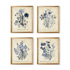 Watercolor Vintage Flower Poster Print - Rustic Modern French Country Cottagecore Wall Art - Primitive Blue Magnolia Leaves Pictures Gallery Gift - F