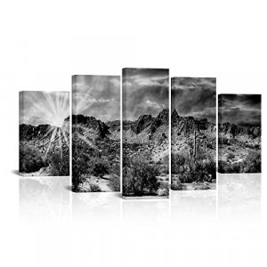 LevvArts 5 Piece Black and White Canvas Wall Art Arizona Sonoran Desert Sunset Landscape Painting Pictures Print on Canvas Southwestern Photography D
