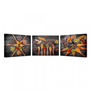 3 Pieces BW Kitchen Picture Canvas Wall Art Colorful Spice in Spoon Vintage Spice Seasoning Food Artwork for Restaurant Dining Room Stretched and Fra