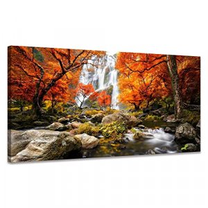 Autumn Forest Canvas Wall Art Landscape Waterfall Painting Mountain River Artwork Wall Decoration Nature Art Prints Framed for Bedroom Bathroom Home 