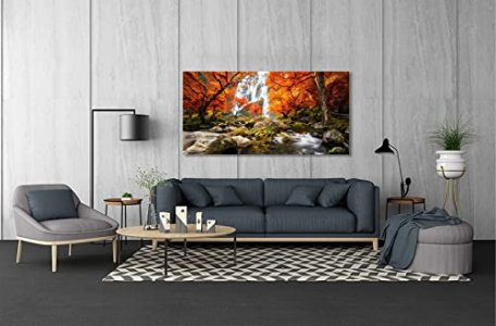 Autumn Forest Canvas Wall Art Landscape Waterfall Painting Mountain River Artwork Wall Decoration Nature Art Prints Framed for Bedroom Bathroom Home 