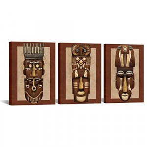 iHAPPYWALL 3 Pieces Vintage African Mask Canvas Wall Art Abstract Africa Culture Symbols Tribal Mask Picture Print for Bedroom Home Decoration Stretc