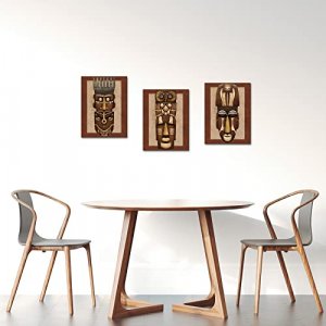 iHAPPYWALL 3 Pieces Vintage African Mask Canvas Wall Art Abstract Africa Culture Symbols Tribal Mask Picture Print for Bedroom Home Decoration Stretc