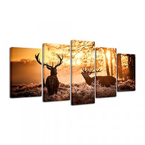 Pyradecor Brown Canvas Prints Wall Art Deer Elks in Autumn Sunset Forest Pictures Paintings for Living Room Bedroom Kitchen Home Decorations 5 Piece 