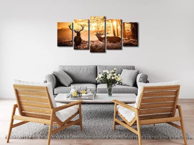Pyradecor Brown Canvas Prints Wall Art Deer Elks in Autumn Sunset Forest Pictures Paintings for Living Room Bedroom Kitchen Home Decorations 5 Piece 