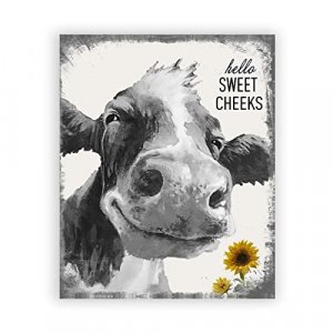 Cow Bathroom Wall Decor Sunflower Farmhouse Hello Happy Cow Home Black and White Animal Canvas Print Funny Rustic Bath Toilet Decoration 8x10 Inches