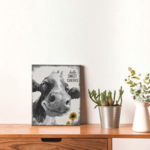 Cow Bathroom Wall Decor Sunflower Farmhouse Hello Happy Cow Home Black and White Animal Canvas Print Funny Rustic Bath Toilet Decoration 8x10 Inches