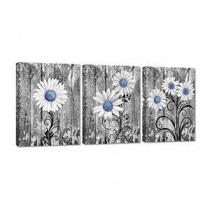 Zlove 3 Pieces Bathroom Picture Wall Decor Rustic Blue Daisy Flowers Giclee Print Gallery Wrap Modern Floral Home Kitchen Decor Ready to Hang 12x16in