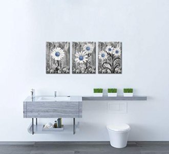 Zlove 3 Pieces Bathroom Picture Wall Decor Rustic Blue Daisy Flowers Giclee Print Gallery Wrap Modern Floral Home Kitchen Decor Ready to Hang 12x16in