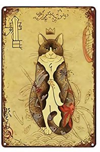 Lenrius Vintage Japanese Ninja Samurai Cat Tattoo Metal Tin Sign 8x6 Inch Home Kitchen Wall Retro Poster Plaque Mural Bar Pub Decor A01