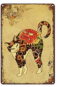 Lenrius Vintage Japanese Ninja Samurai Cat Tattoo Metal Tin Sign 8x12 Inch Home Kitchen Wall Retro Poster Plaque Mural Bar Pub Decor 14