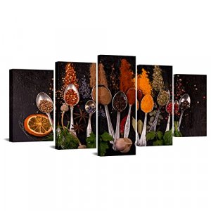 5 Panel Canvas Wall Art Colorful Cooking Spices Put on Each Spoon Canvas Painting for Farmhouse Kitchen Wall Decor Artwork Framed for Home Restaurant