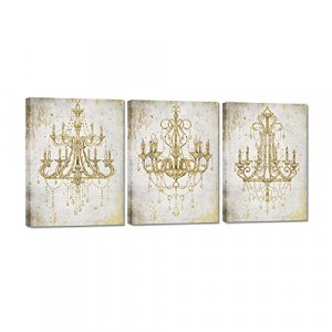 Zlove 3 Pieces Chandelier on Vintage Background Canvas Wall Art Grey and Gold Crystal Lamp Picture Print for Bedroom Kitchen Living Room Home Decor S