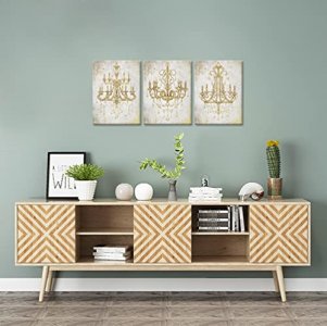 Zlove 3 Pieces Chandelier on Vintage Background Canvas Wall Art Grey and Gold Crystal Lamp Picture Print for Bedroom Kitchen Living Room Home Decor S