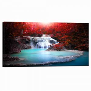 LevvArts Large Waterfall Canvas Wall Art Red Tree Fall Forest Landscape Picture Canvas Print Nature Artwork Painting for Home Kitchen Living Room Wal